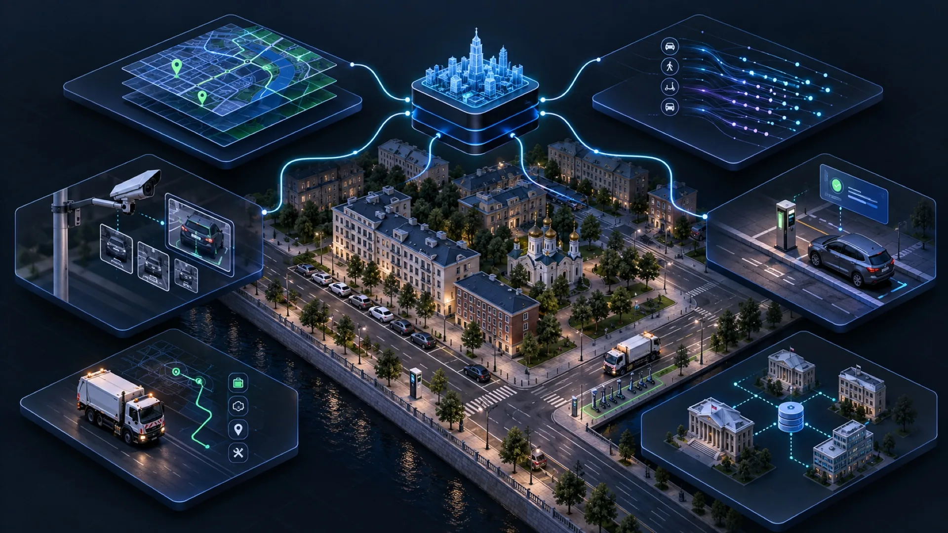 Схема CITYMATICS: городская карта, транспортные данные, видеоаналитика, парковки, эксплуатация и интеграции